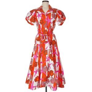 LHD Glades sea shell starfish striped cotton button up belted midi dress Size 8
